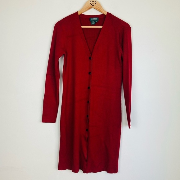Lauren Ralph Lauren red silk button front ribbed sweater dress. Size S - Picture 1 of 3